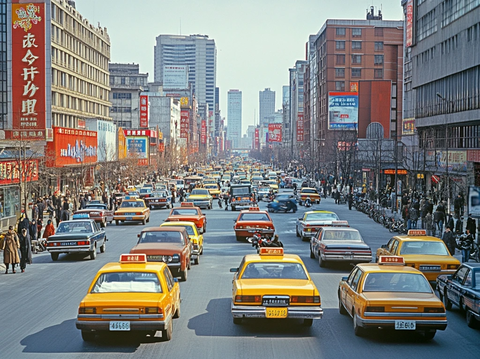 城市街道上车辆行人众多的繁忙景象