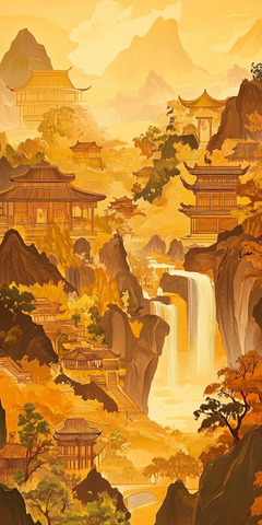 山间古建筑群与瀑布构成的秋日胜景