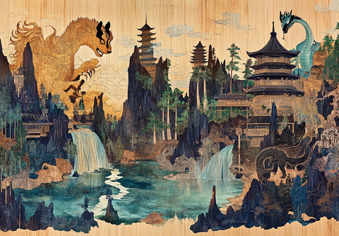 古风建筑与神兽共绘奇幻山水图