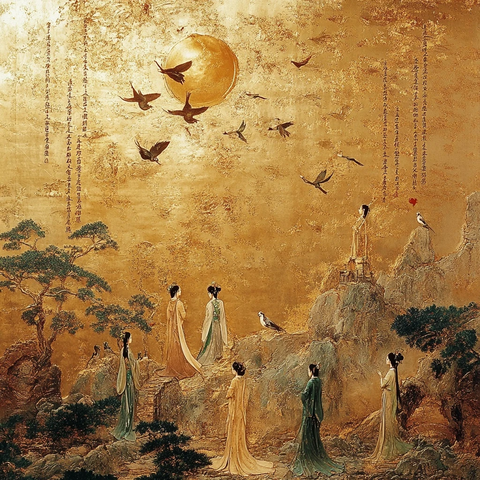 古代女子山林中望月的场景