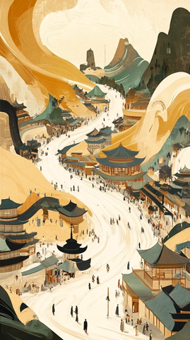 古风城镇热闹景象长街人群建筑错落有致