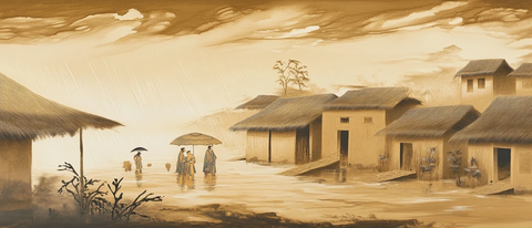 雨中古村落景象与撑伞行人的画面