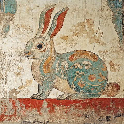 壁画上带有花纹的兔子形象