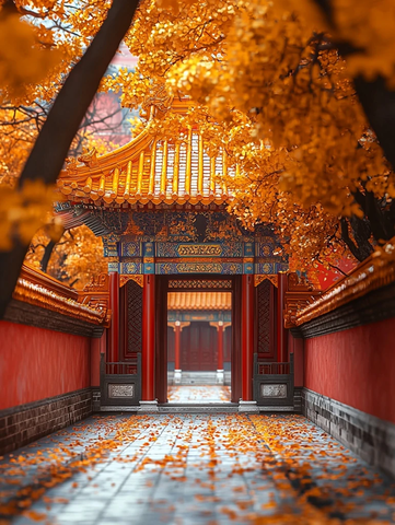 红墙黄瓦古建筑下的金黄银杏落叶小径