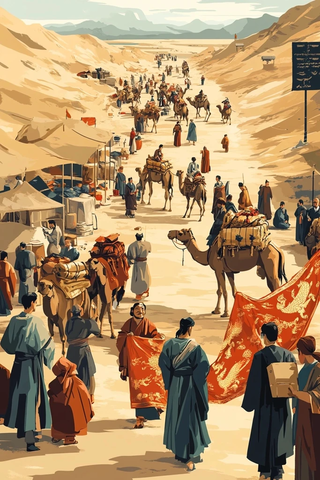 沙漠中古代商旅驼队的热闹景象