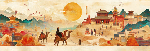 沙漠中骆驼队与古建筑构成的独特风景