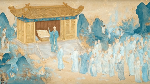 僧人身着长袍在古亭前讲经布道