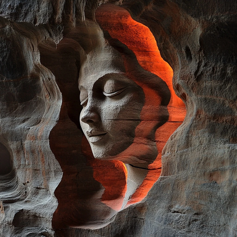 石洞中雕刻的女性面部形象特写