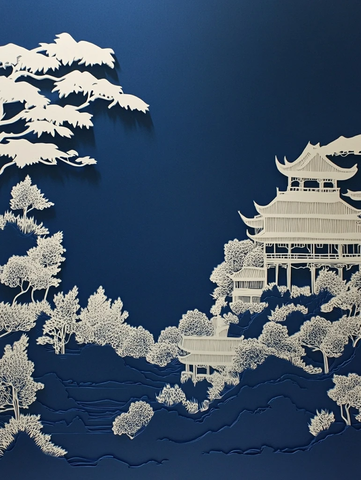 中式建筑与树木结合的剪纸艺术作品