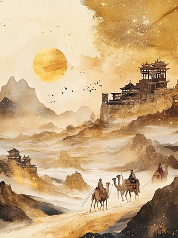 沙漠中驼队与古建筑相伴的壮观景象