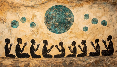 岩壁上的多人祈祷剪影壁画