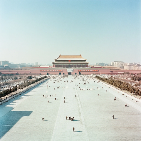 天安门广场全景俯瞰人群密集景象