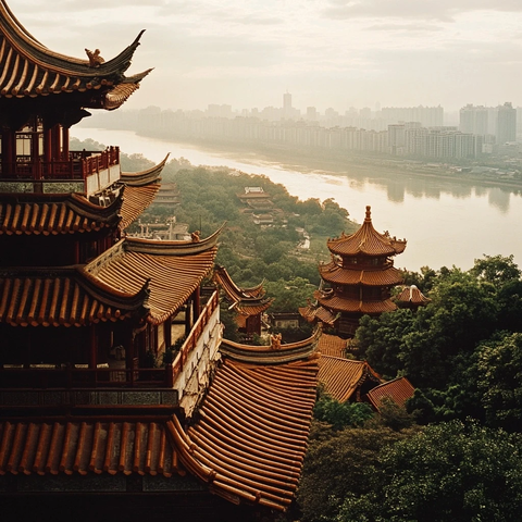 古色古香的传统建筑与现代城市景观