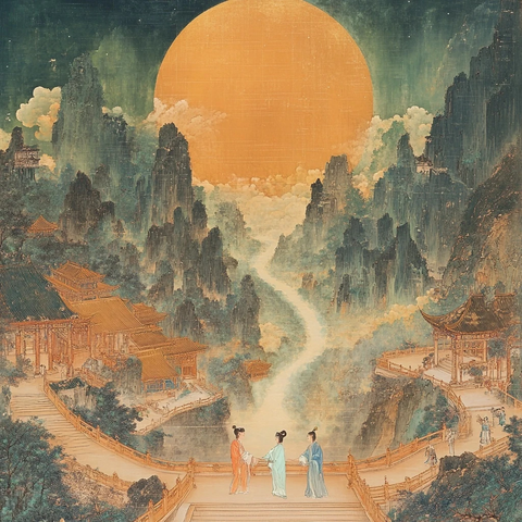 山间古建筑前三人赏巨月的古风场景