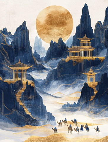 山间古建筑群下的骆驼队