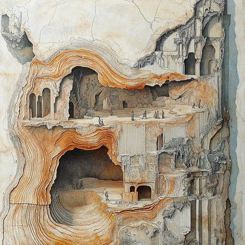 复杂结构的地下洞穴建筑剖面图