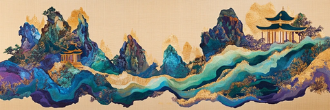 古典楼阁与山川融合的中国风山水图
