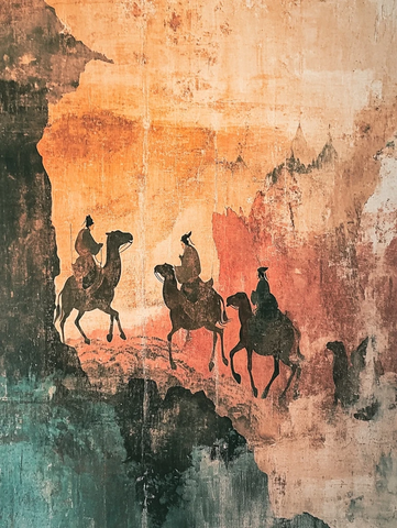 壁画中骑马人物在山间行走的景象