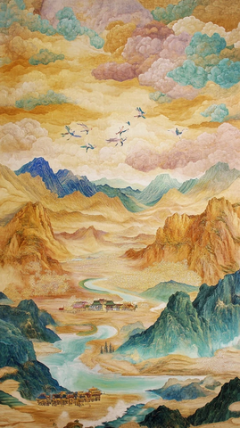 山川河流间群鸟飞过的壮丽自然景观