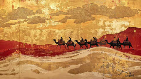 沙漠中骆驼队行进的壮丽景象