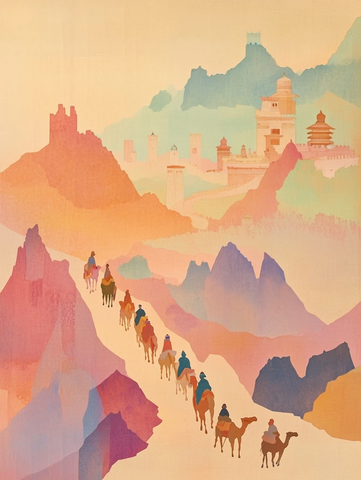 沙漠中骆驼队行进的景象