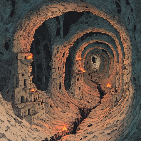 神秘地下洞穴中带有火焰的古老建筑