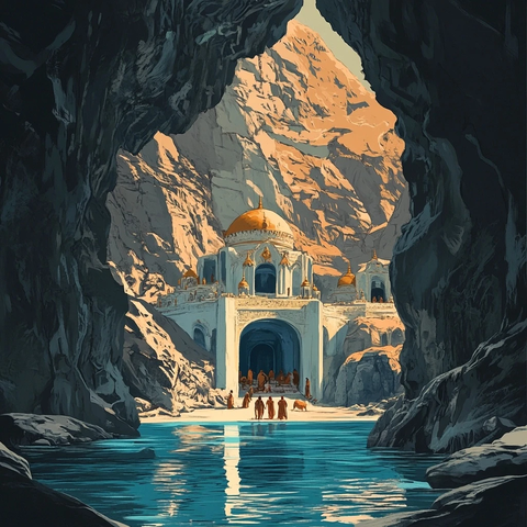 山间神秘水域旁的特色建筑景象