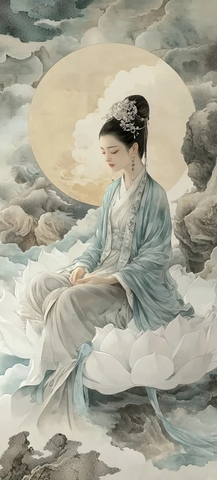 女子坐莲花上于云海间静思的古风画面