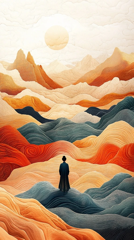 一人独站多彩山峦间的壮丽风景