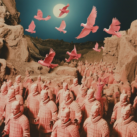 月光下成群鸽子飞过兵马俑雕塑群