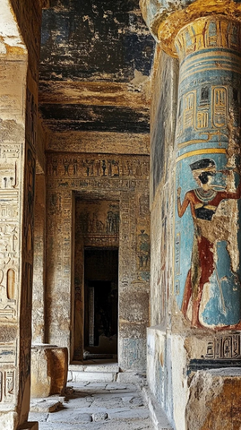 刻有古埃及壁画的古老建筑内部景象