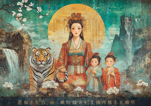 古装女子与虎及孩童的古典风画面