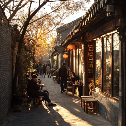 古街小巷内行人往来的悠闲景象