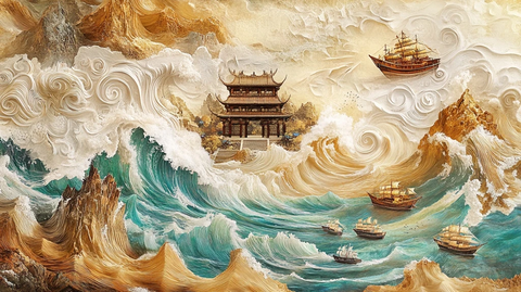 古建筑与帆船的中式海浪背景图