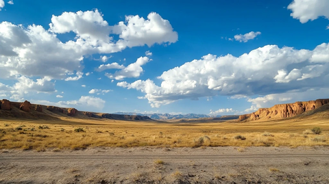 广阔荒凉旷野上的壮美蓝天白云景观