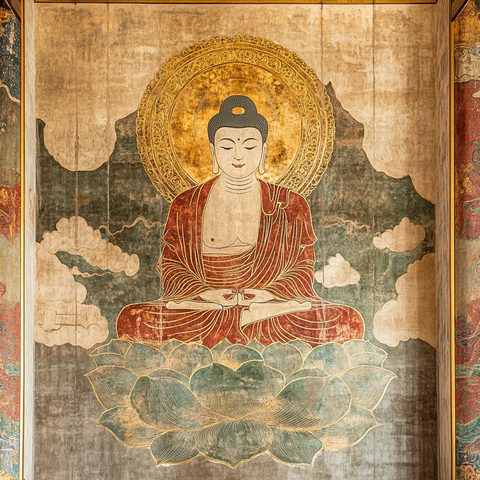 坐于莲花座上的佛像壁画