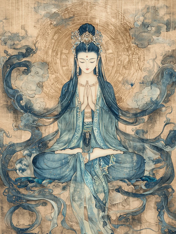 盘坐女子形象的古风插画