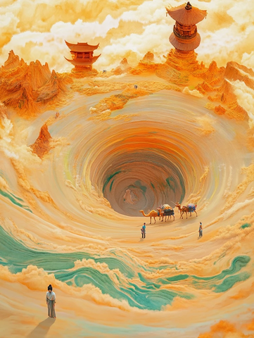 沙漠中驼队经过巨大旋涡状地形