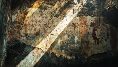 洞穴内带有神秘符号的古老壁画