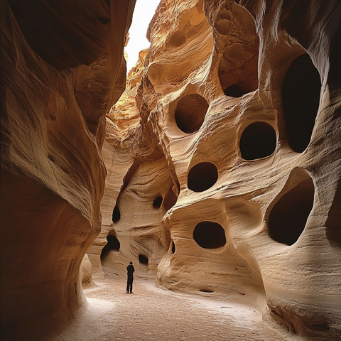 一人独自行走在独特地貌的山洞中