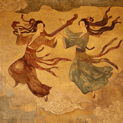 古装女子云端抚琴翩翩起舞的优美画面