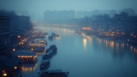 雾中灯火通明的河道夜景
