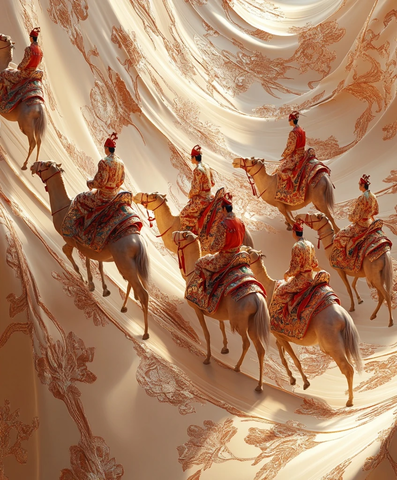 身穿古装骑骆驼的队伍行进在绸缎上