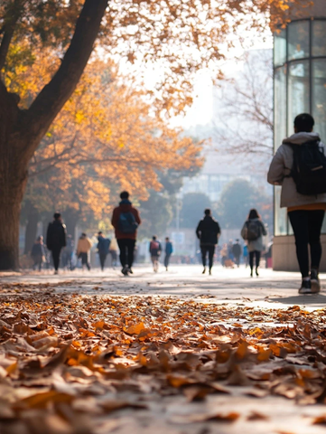 落叶小径上行走的人们