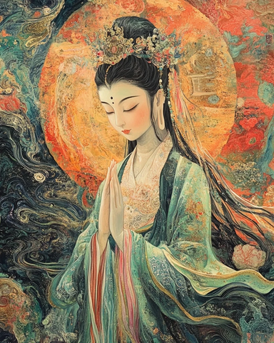 古装女子双手合十神态安详的画像