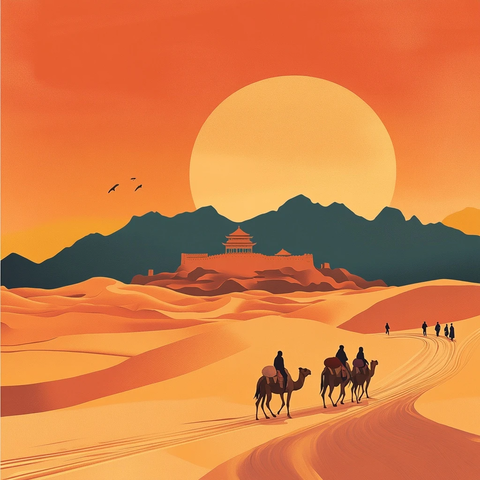 沙漠中骆驼队行进的壮阔景象