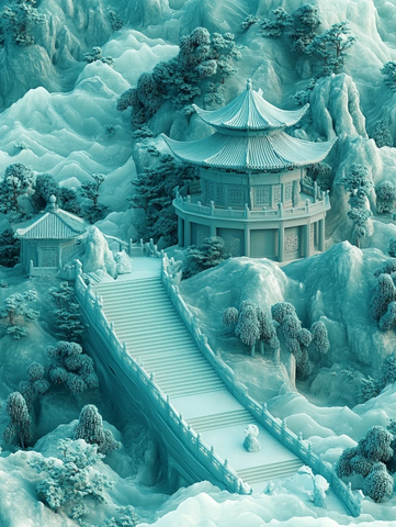 山间古亭及阶梯的唯美古风场景