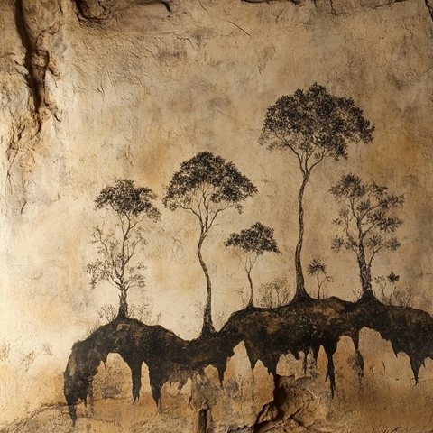 石壁上的树木图案绘制壁画