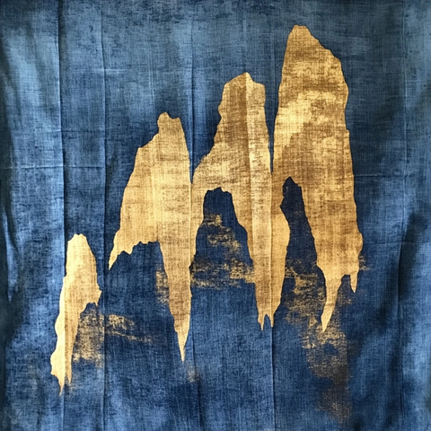 蓝色布料上绘有金色山峰图案