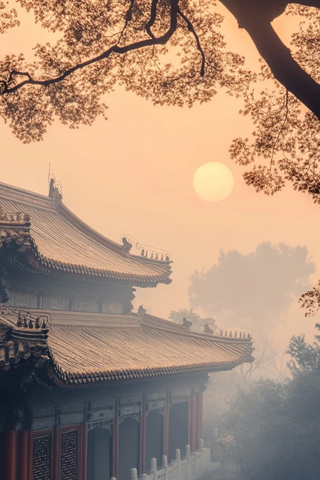 古建筑在落日余晖下的唯美景象